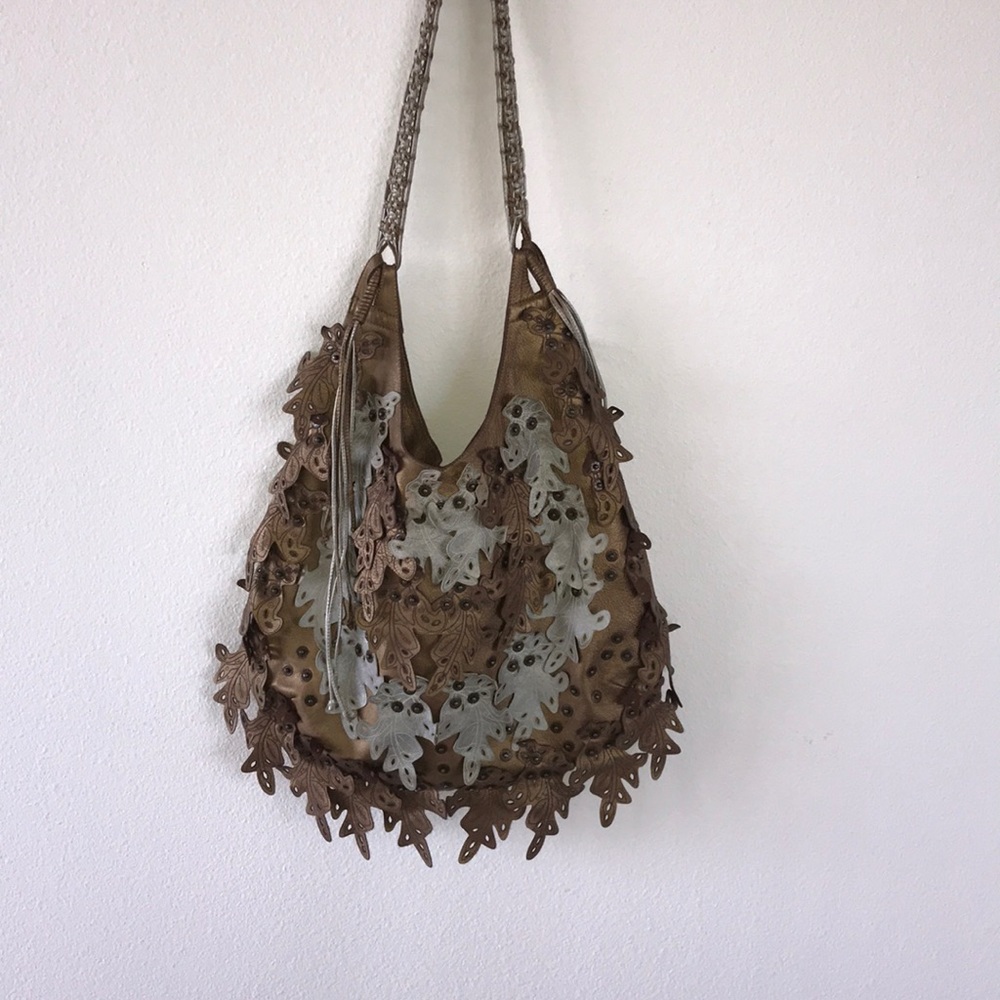 Kerry Grima leather Boho Purse hanging Leaves